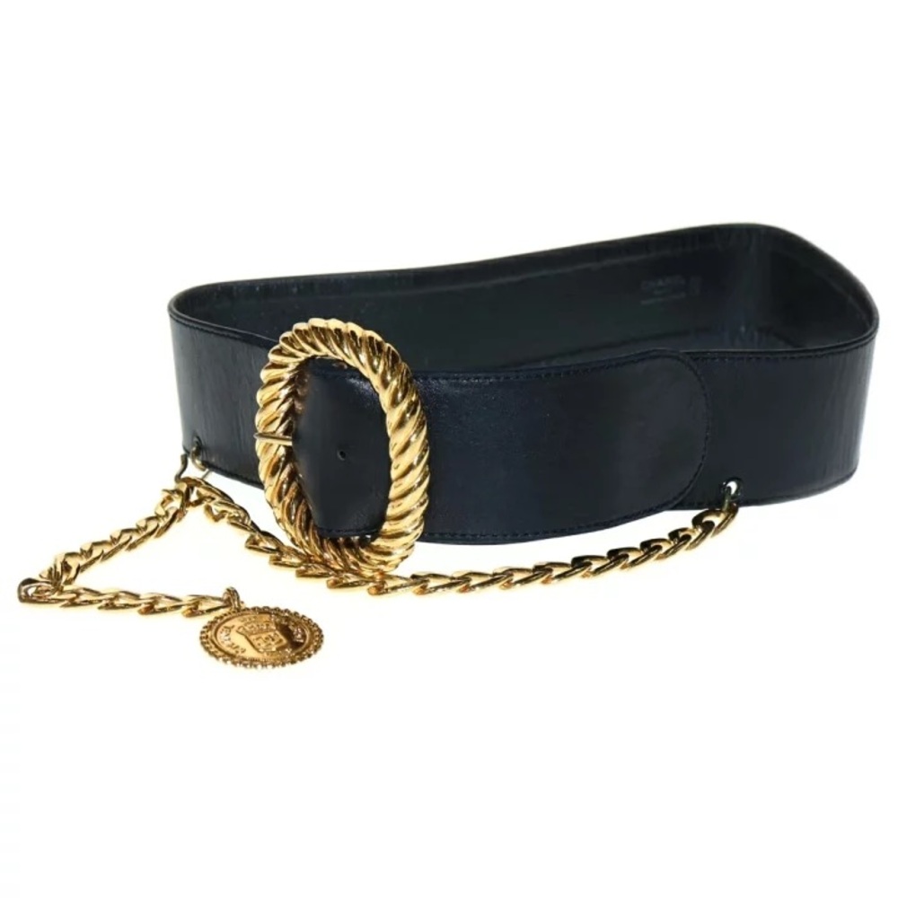 Authentic CHANEL black leather wide belt hanging medallion charm 70cm vintage